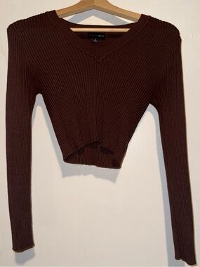 Brown Ribbed Cropped V-Neck Sweater